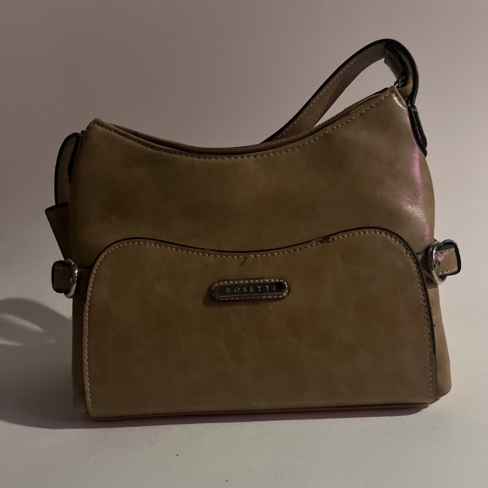 Rosetti Tan Vinyl Purse With Adjustable Strap Bottom Snap Pocket For Glasses